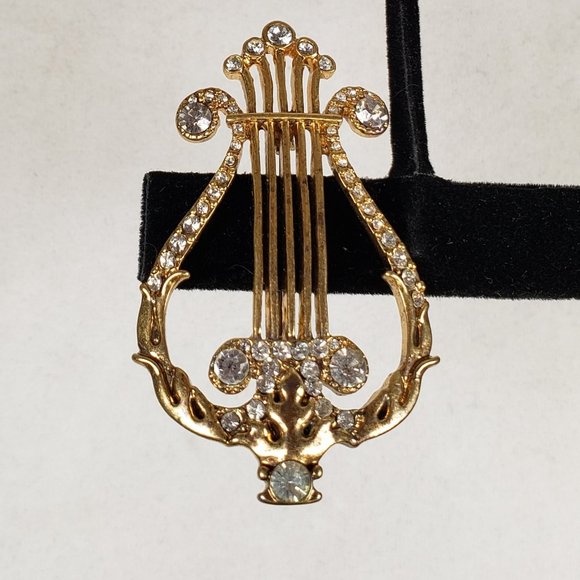 Monet Signed Vintage Ancient Harp Golden Brooch Pin Gold Tone and Rhinestones - Picture 6 of 11